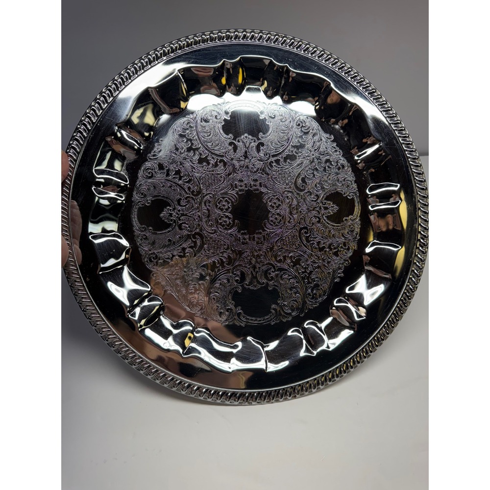 Vintage Irvinware Chrome Round Serving Tray Embossed Floral Scrollwork USA Made